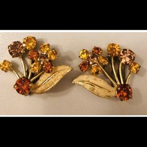 Gold Tone Orange Rhinestones Clip on Earrings